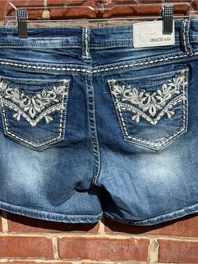 Grace in LA Blue Denim Shorts with Silver Embroidered Pockets